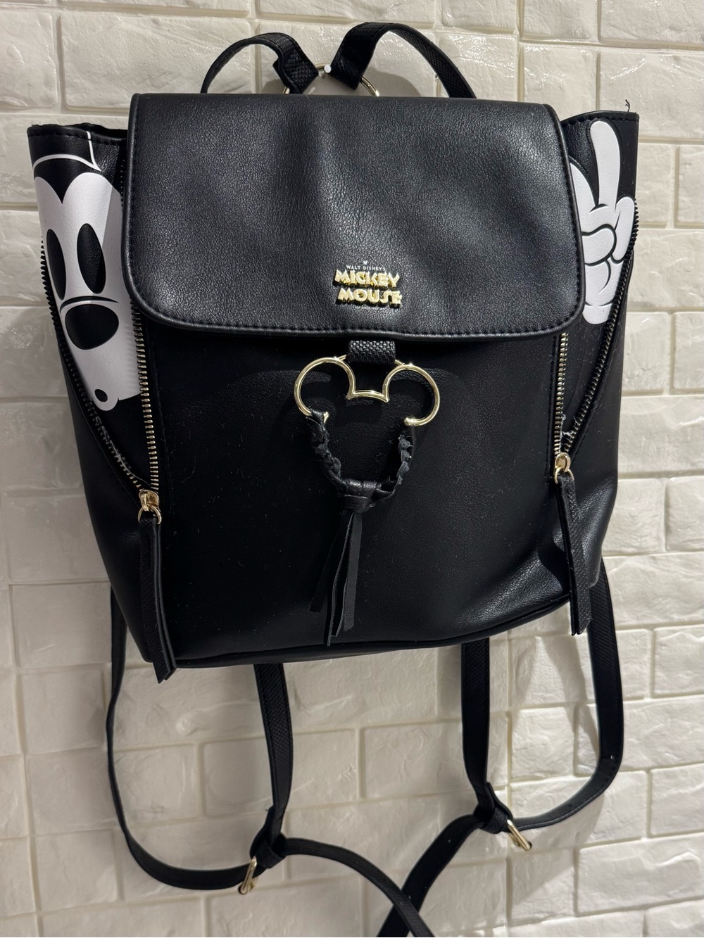 Disney Black Faux Leather Mickey Backpack with Gold Accents